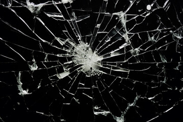 bullet hole on glass black background for overlay, transparent window.