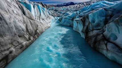 Breathtaking landscape of a glacial river flowing between rugged mountains with cascading glaciers. Ideal for nature documentaries, travel blogs, or climate change awareness.