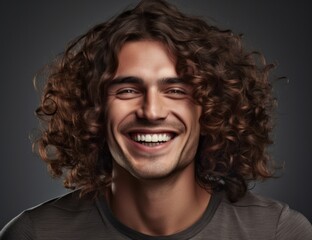 A joyous portrait of a young man with luscious curly hair, showcasing a radiant smile against a dark backdrop. Perfect for beauty, hair care, and joyful lifestyle promotions.