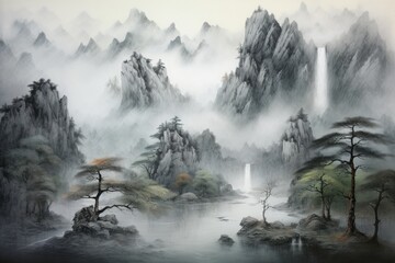 Fototapeta premium Traditional Chinese Ink Landscape Painting On Textured Paper