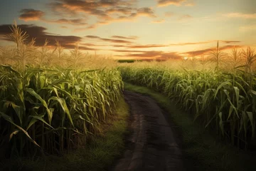 Fotobehang Vibrant Sugarcane Field At Sunset, Powering Food Industry © Anastasiia