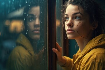 A contemplative woman in a yellow jacket stares into the distance, raindrops cascading on the window pane. Perfect for themes of introspection, solitude, or weather.