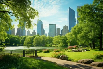 Scenic city park, lush bushes, towering trees, skyscrapers backdrop. Generative AI