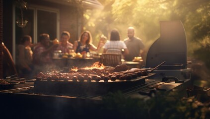 A group of friends gather around a backyard barbecue, immersed in warm golden sunlight, epitomizing moments of joy and togetherness. Ideal for family, food, or summer event promotions. - obrazy, fototapety, plakaty