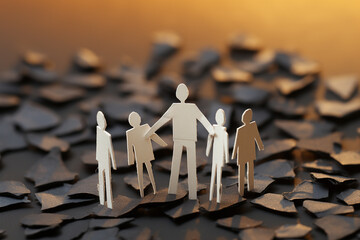 Paper people, family standing on scraps of black paper. Concept image.