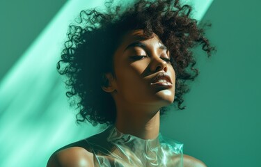 Mesmerizing image of a woman with lustrous curly hair, captured in a moment of contemplation, framed by gauzy fabric against a cool teal ambiance. Suitable for beauty and fashion promotions. - obrazy, fototapety, plakaty