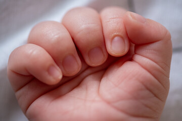 Macro shot of an infant's healthy hand while he is sleeping. Beautiful picture of a caucasian baby palm. Family and parenthood concept.