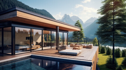 Architecture modern design, glass house with patio. Expensive house with mountain views.