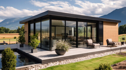 Fototapeta na wymiar Architecture modern design, glass house with patio. Expensive house with mountain views.