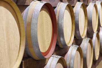 Background, wine production and oak barrel in brewery for beer, alcohol manufacturing and whiskey...