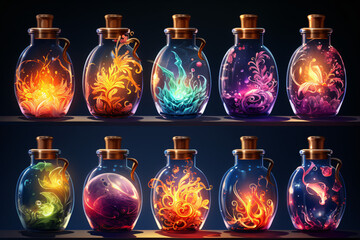 Potion bottles with magic elixir and tags, cartoon glass flasks with clover, snowflake, fire, skull, flash, heat and unknown witch poisons. Ui game assets, alchemy vials Vector illustration, icons set - obrazy, fototapety, plakaty