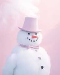 A charming snowman, adorned in a dapper hat and bow tie, exudes a playful yet elegant vibe as smoke from a nearby chimney adds to the whimsical winter scene