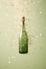 A vibrant celebration explodes with fluid and wild energy as a green bottle, filled with refreshing liquid, drops confetti and cork into the indoor party