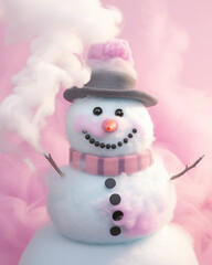 In a winter wonderland, a charming snowman dons a stylish hat and scarf, his cartoon features...