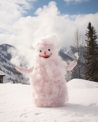 A whimsical snowman stands tall in a frozen wonderland, surrounded by billowing clouds of smoke and endless fields of sparkling snow