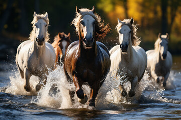 Obraz na płótnie Canvas Herd of horses galloping across the river. Running through the water - Frontal View 