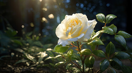 blooming white roses with leaves and water drops on garden