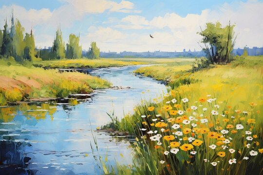 Acrylic painting of sunny landscape: yellow wildflowers, blue sky, beautiful river. Impressionism spring landscape. Generative AI