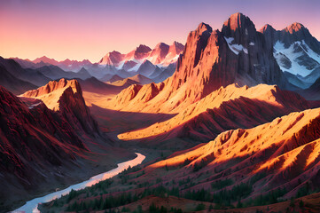 Naklejka premium Desert mountains landscape, sunset over the mountains and river, atmospheric and epic nature, Generative AI