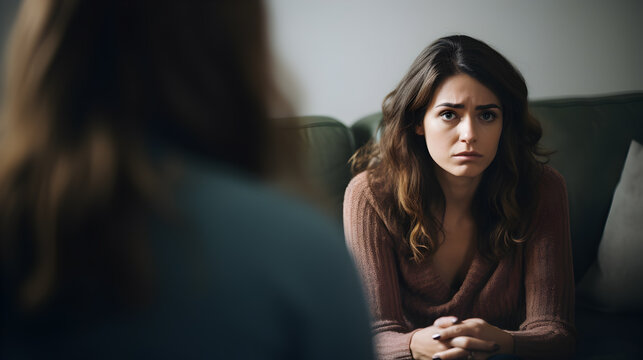Woman seeking guidance in a therapy session, showcasing emotional vulnerability and the importance of mental well-being.
