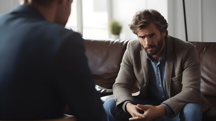 Man seeking guidance in a therapy session, showcasing emotional vulnerability and the importance of mental well-being.