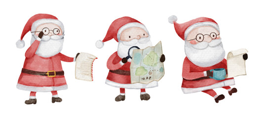 Santa claus . Christmas theme . Watercolor paint cartoon characters . Isolated . Set 1 of 15 . Vector .