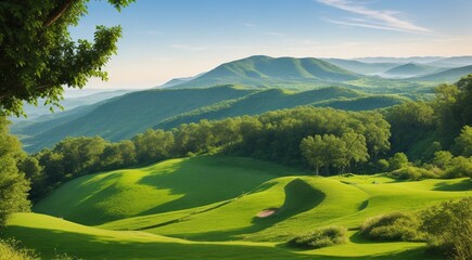 landscape with grass and sky, landscape with fields, panoramic view of green field landscape, green field