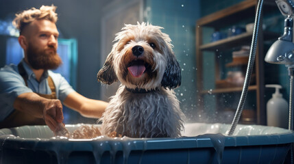 close up of man bathing dog in grooming saloon