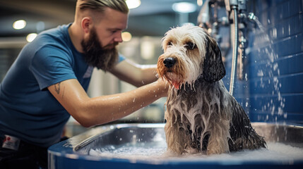 close up of man bathing dog in grooming saloon - Powered by Adobe