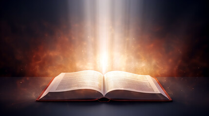 Opened magic book with bright sparkling light rays illuminating the pages.