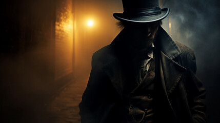 A Man Wearing a Top Hat and a Trench Coat Standing in a Dark Foggy Alley