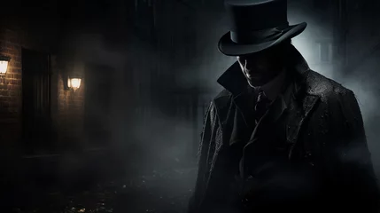 Fotobehang A Man Wearing a Top Hat and a Trench Coat Standing in a Dark Foggy Alley © Adam