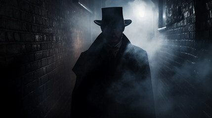 A Man Wearing a Top Hat and a Trench Coat Standing in a Dark Foggy Alley