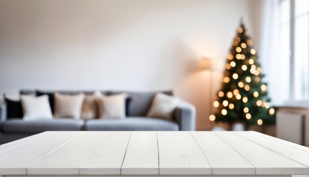 Empty table with sofa and christmas tree in the background copy space