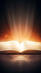 Secret open book with bright light, fantasy book.
