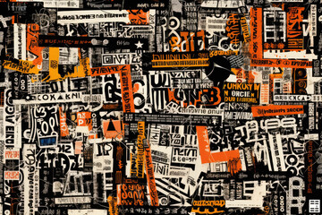 Poster is covered in small letters and newspaper articles, decorative abstraction