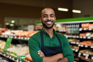 Fototapeta premium Young african male grocery store assistant with crossed arms in supermarkt, smiling at camera