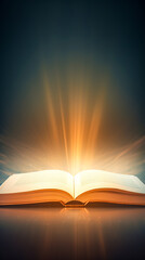 Opened magic book with bright sparkling light rays illuminating the pages.