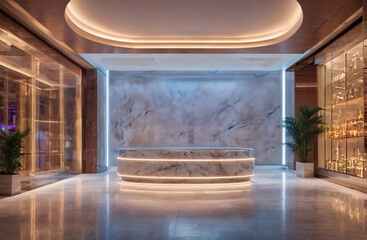 Luxury store office mall lobby at night with a marble reception counter shopping interior design concept