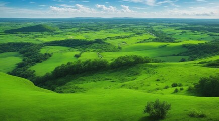 landscape with grass and sky, landscape with fields, panoramic view of green field landscape, green field