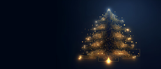 Technology themed digital sparkling Christmas tree with circuit board elements, copy space