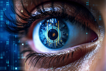 Insightful Eye: Human Eye with Text and Icons Illustration Created with generative AI tools.