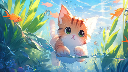 Fototapeta premium cute cat diving in the river