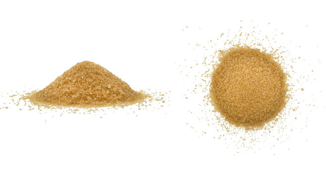 Brown sugar powder isolated on white background. Macro shot broen sugar texture isolated