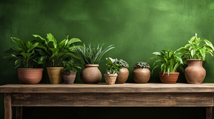 Potted house plants on a wooden table copy for text
