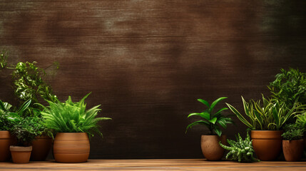 Potted house plants on a wooden table copy for text
