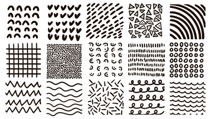 Set of graphic abstract textures, hand drawn doodles, waves, zigzags, dots, stripes. Vector illustration. - obrazy, fototapety, plakaty