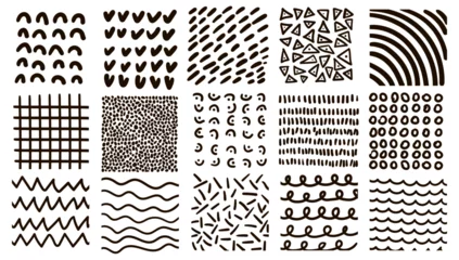 Poster Set of graphic abstract textures, hand drawn doodles, waves, zigzags, dots, stripes. Vector illustration. © Ekaterina