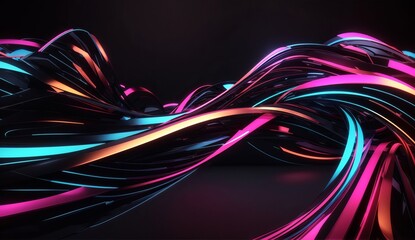 3d render. Abstract neon wallpaper. Glowing lines over black background. Light drawing trajectory, twisted ribbon GENRATIVE AI