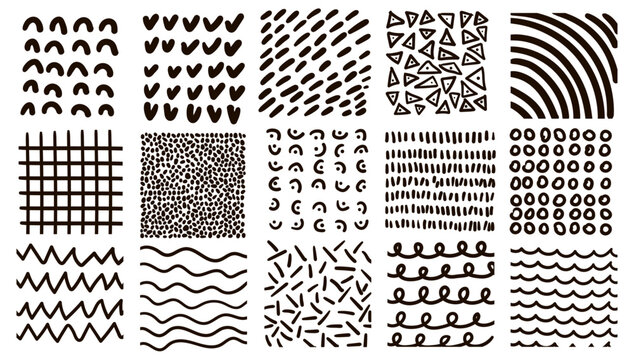 Set of graphic abstract textures, hand drawn doodles, waves, zigzags, dots, stripes. Vector illustration.